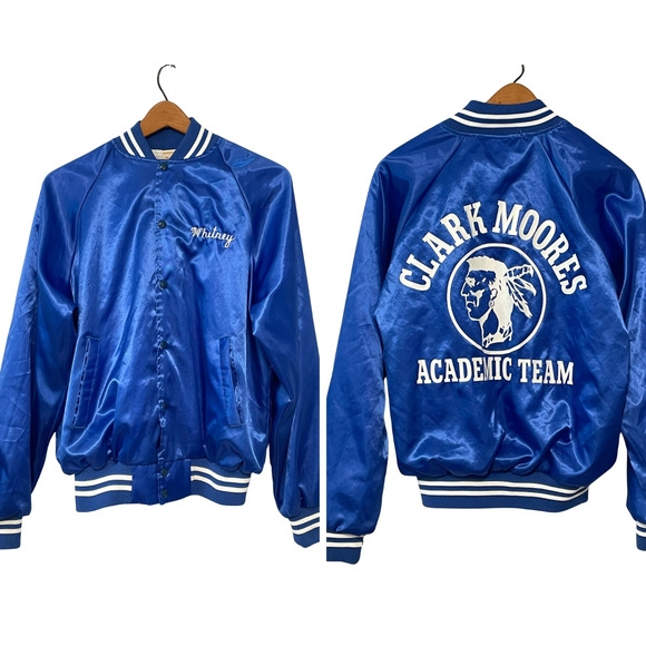 Vtg Silky Varsity Bomber Jacket Sz M Academic Team CM Indian Mascot Blue & White - Picture 1 of 12
